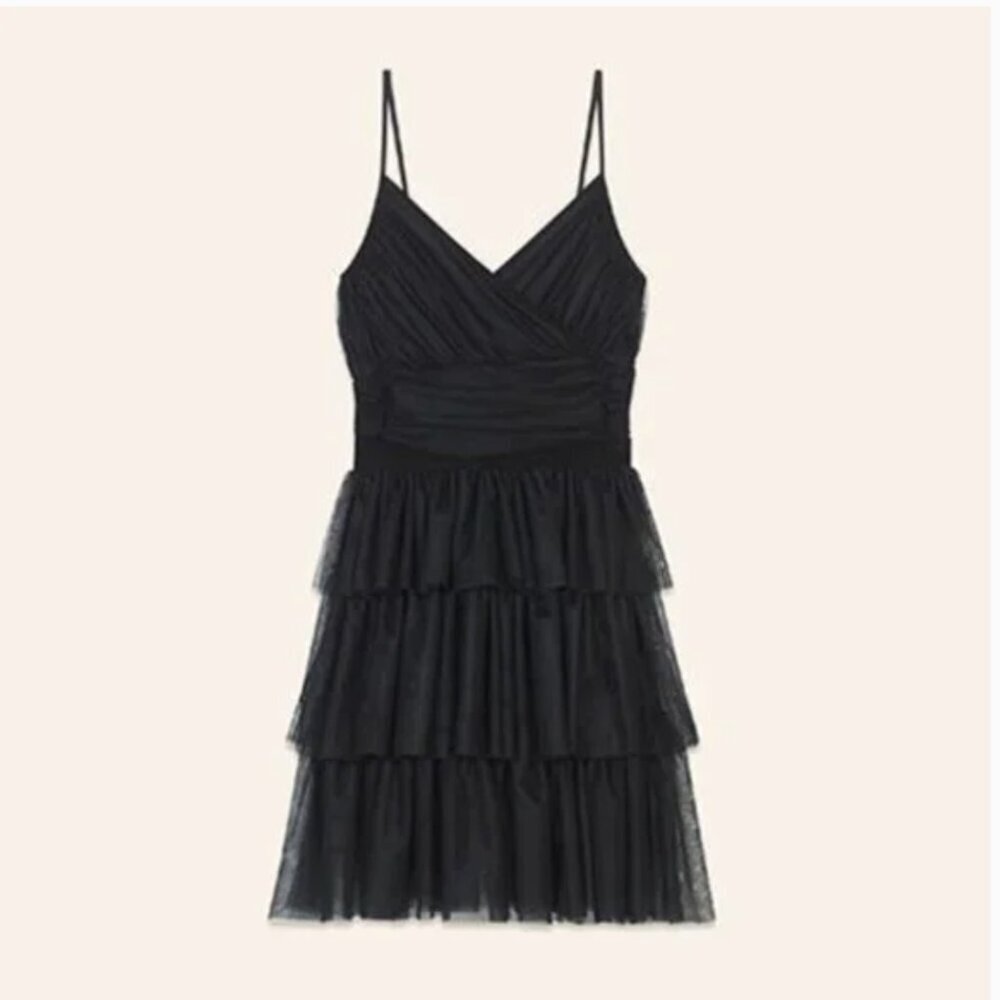 Maje Richard Dress Tiered Tulle Spaghetti Strap Sleeveless Mini Black New Small - Picture 4 of 8